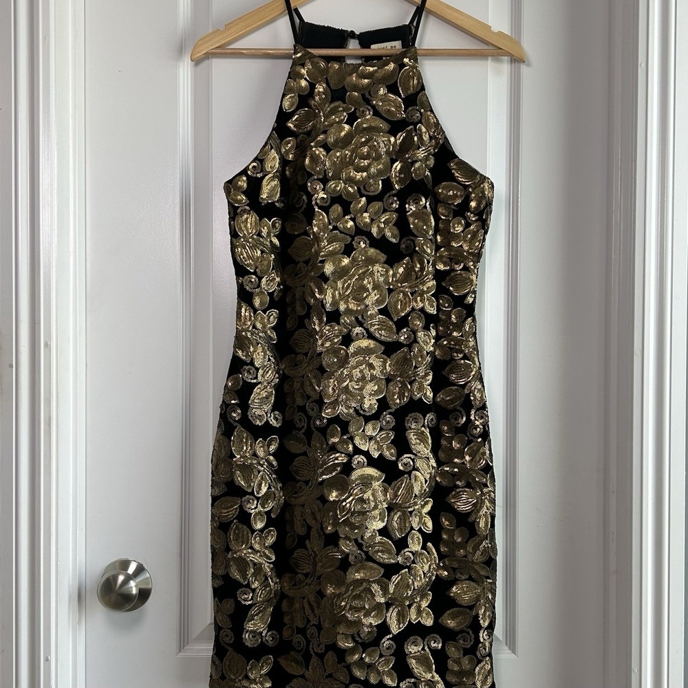 Just Me Black Gold Sequin Floral Embroidered Velvet Halter Sheath Cocktail Dress